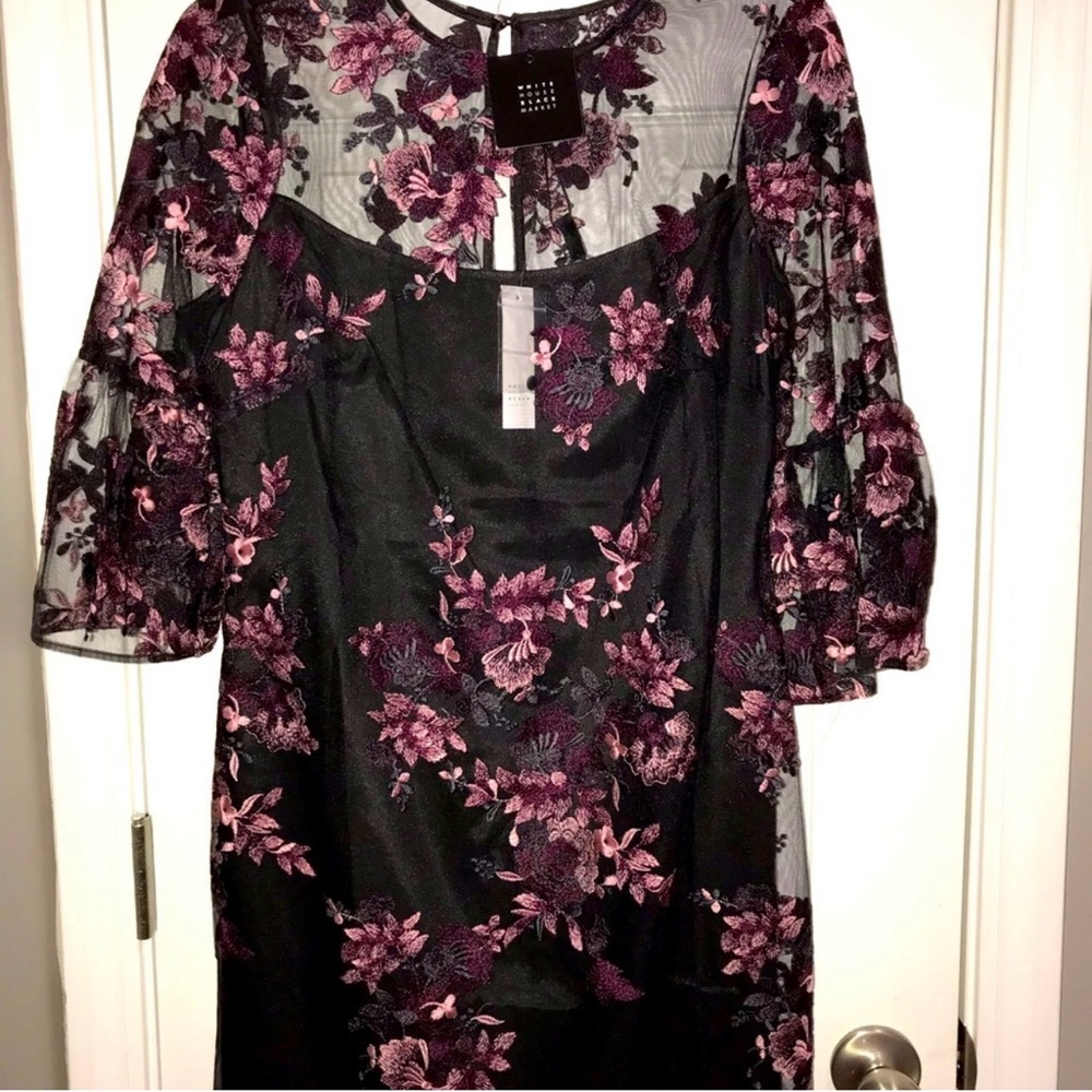 White House Black Market Floral Embroidery Black Dress || Size 10P || NWT
